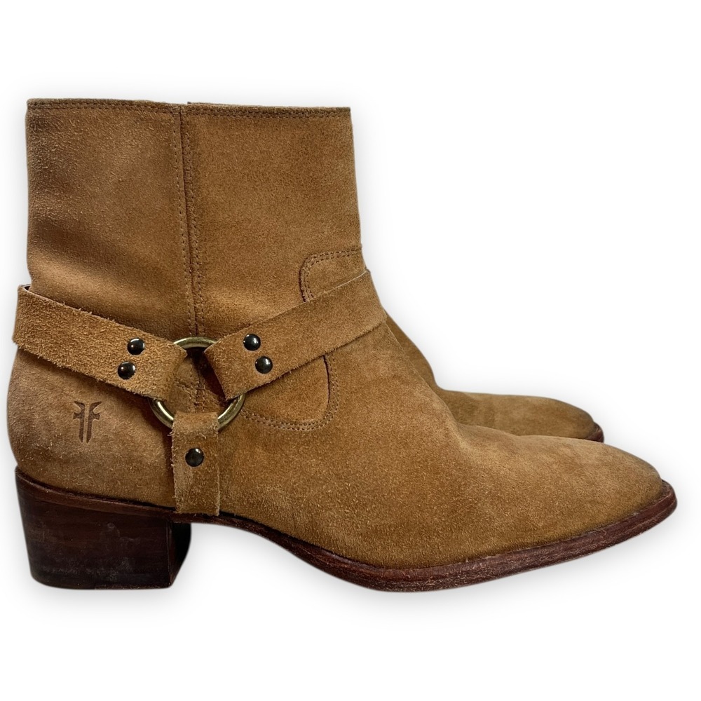 Frye Suede Harness Boots Women Size 6.5 B Sand Ankle‎ Square Toe Biker Moto